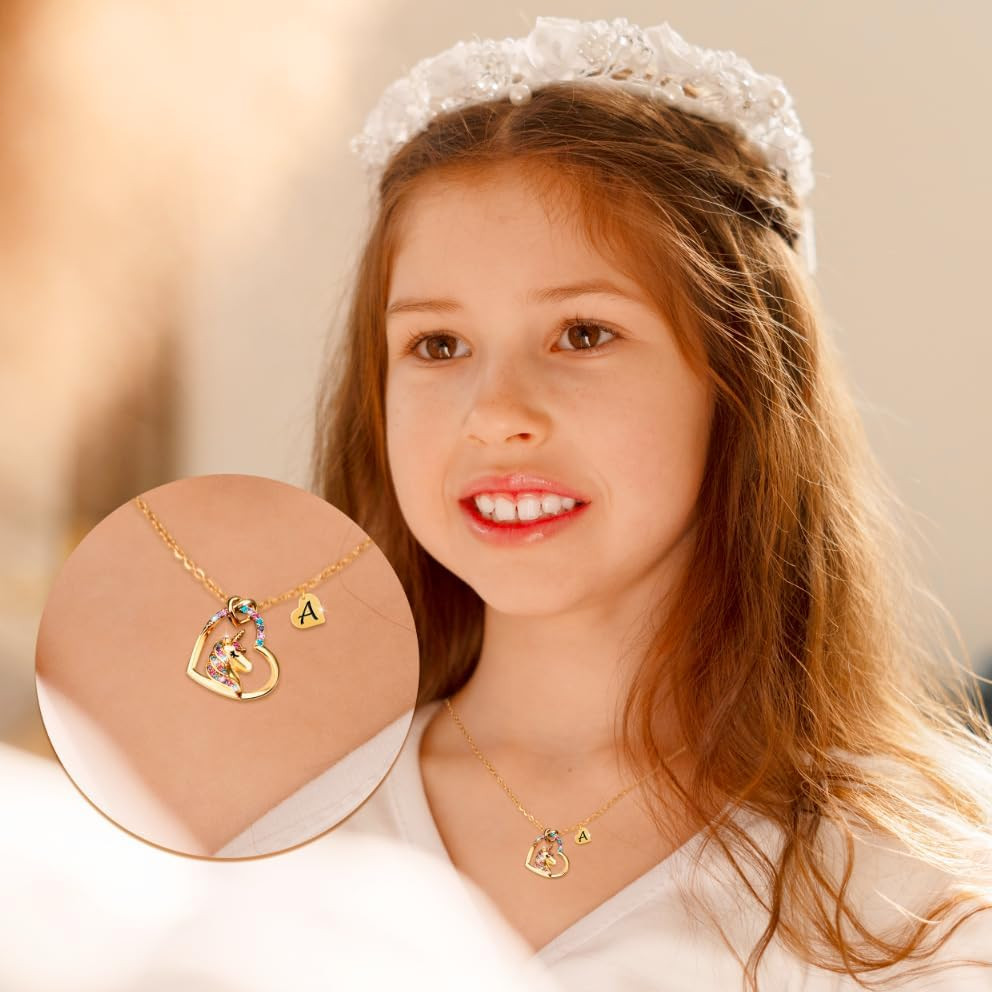 Unicorn Necklace Girls Gold CZ Heart Initial Gift Daughter Granddaughter