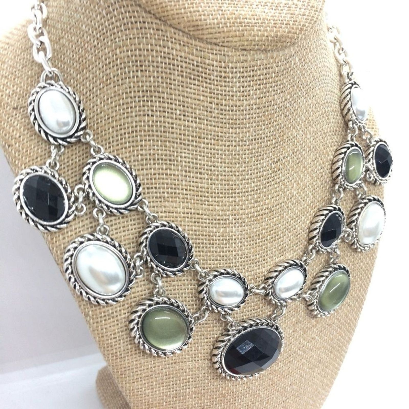 DANA BUCHMAN STATEMENT NECKLACE PEARL CABOCHON BIB COLLAR SILVER TONE REGAL
