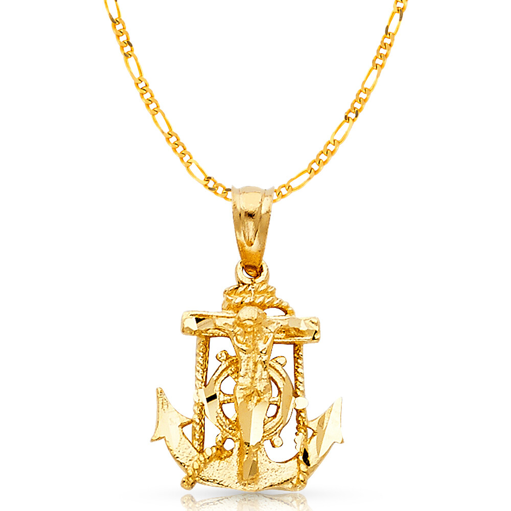 14K Yellow Gold Mariner Crucifix Charm Pendant & 2.3mm Figaro 3+1 Chain Necklace