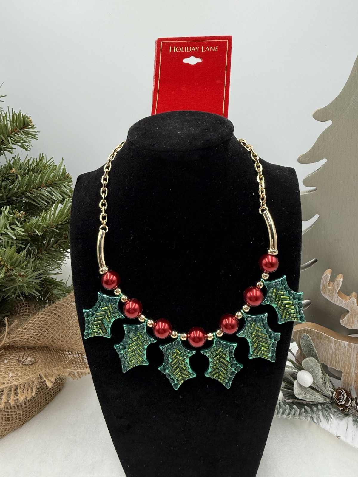 Macy’s Holly Berry Leaf Necklace Gold Chain Beaded Christmas Holiday Lane 18”+3”