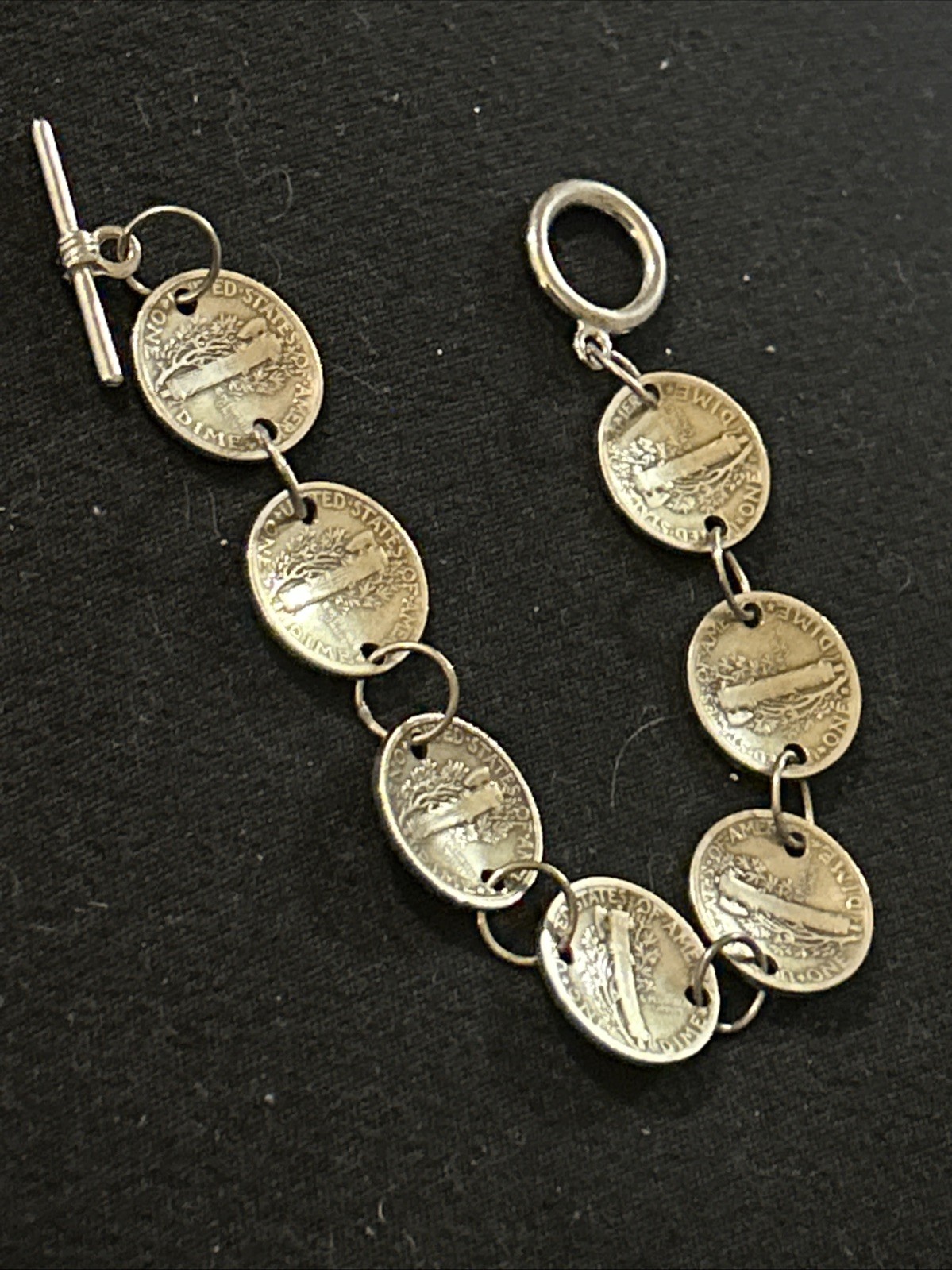 Repousse’ Mercury Dime Coin-Bracelet,.925, Toggle Clasp