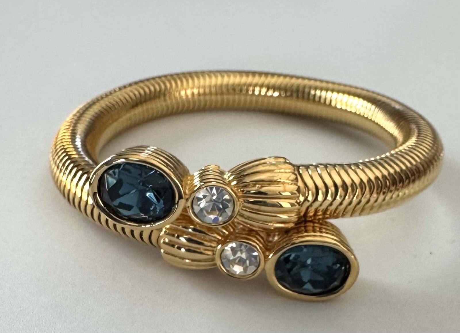 Gold Tone Coil Bangle Bracelet Blue Rhinestone Cluster Flex Tubogas