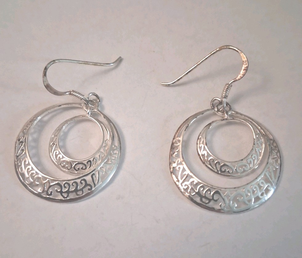 Vtg Sterling Silver Dbl Hoop Dangle Drop Hook Earrings Round .925