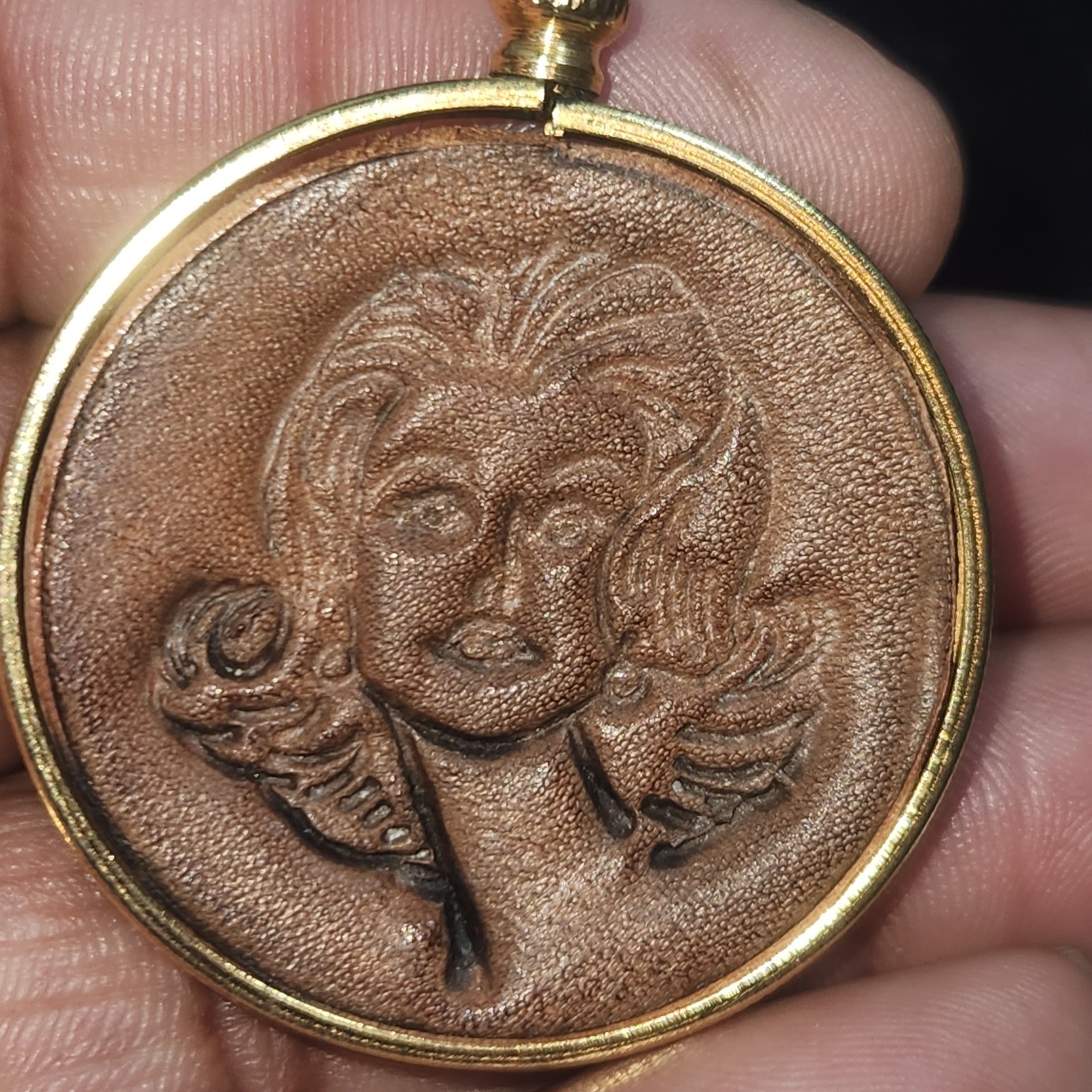 Vintage Embossed Leather Portrait Pendant Gold Tone Round Medallion