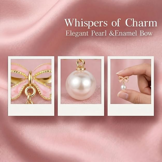 Pink Enamel Gold Bow Pearl Drop Dangle Earrings Women Elegant Ribbon Jewelry Gif