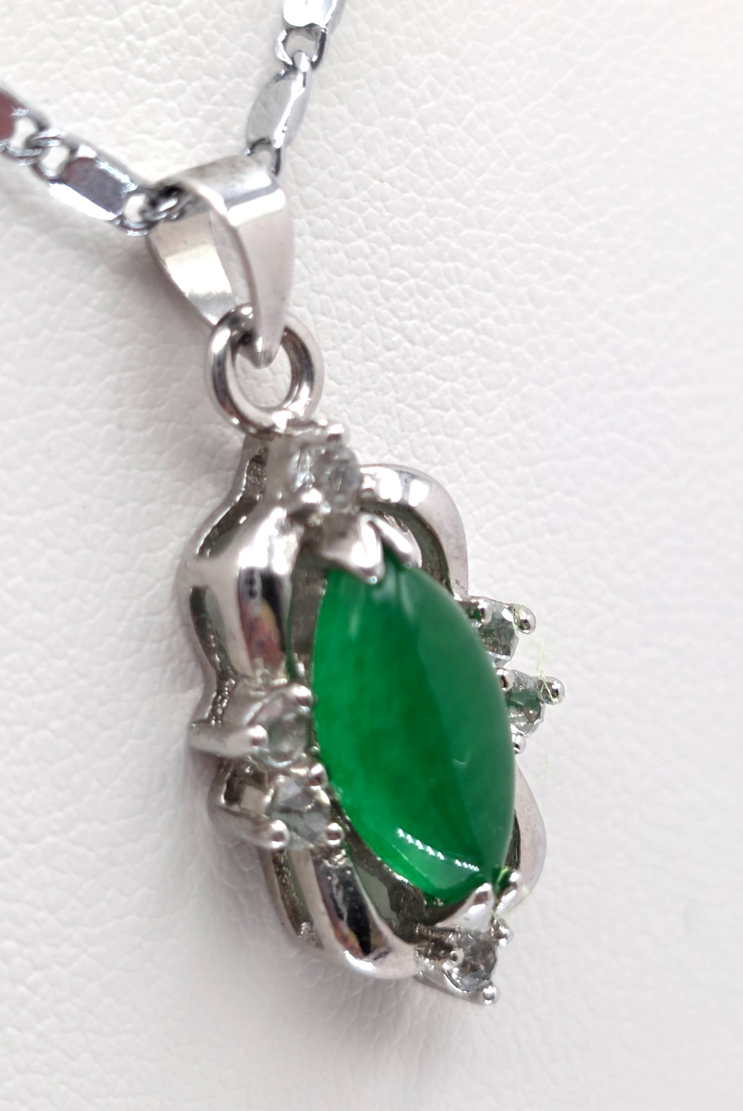 Green Chalcedony Marquise Pendant Necklace CZ Accent 18KGP Silver Tone