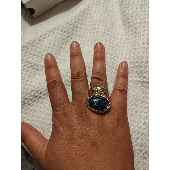 Ring Blue Cabochon Gold Tone Textured Statement Arty Style Celebrity Favorite