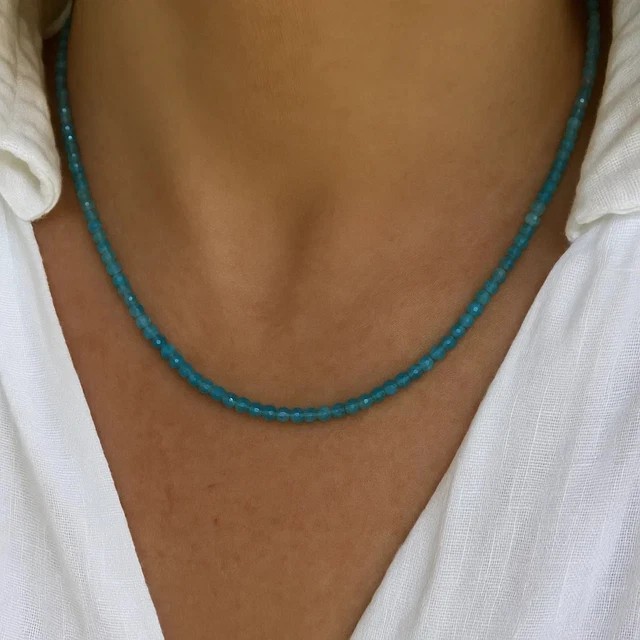 2mm Blue Apatite Choker Necklace Dainty Crystal Beaded Minimalist Gift for Her