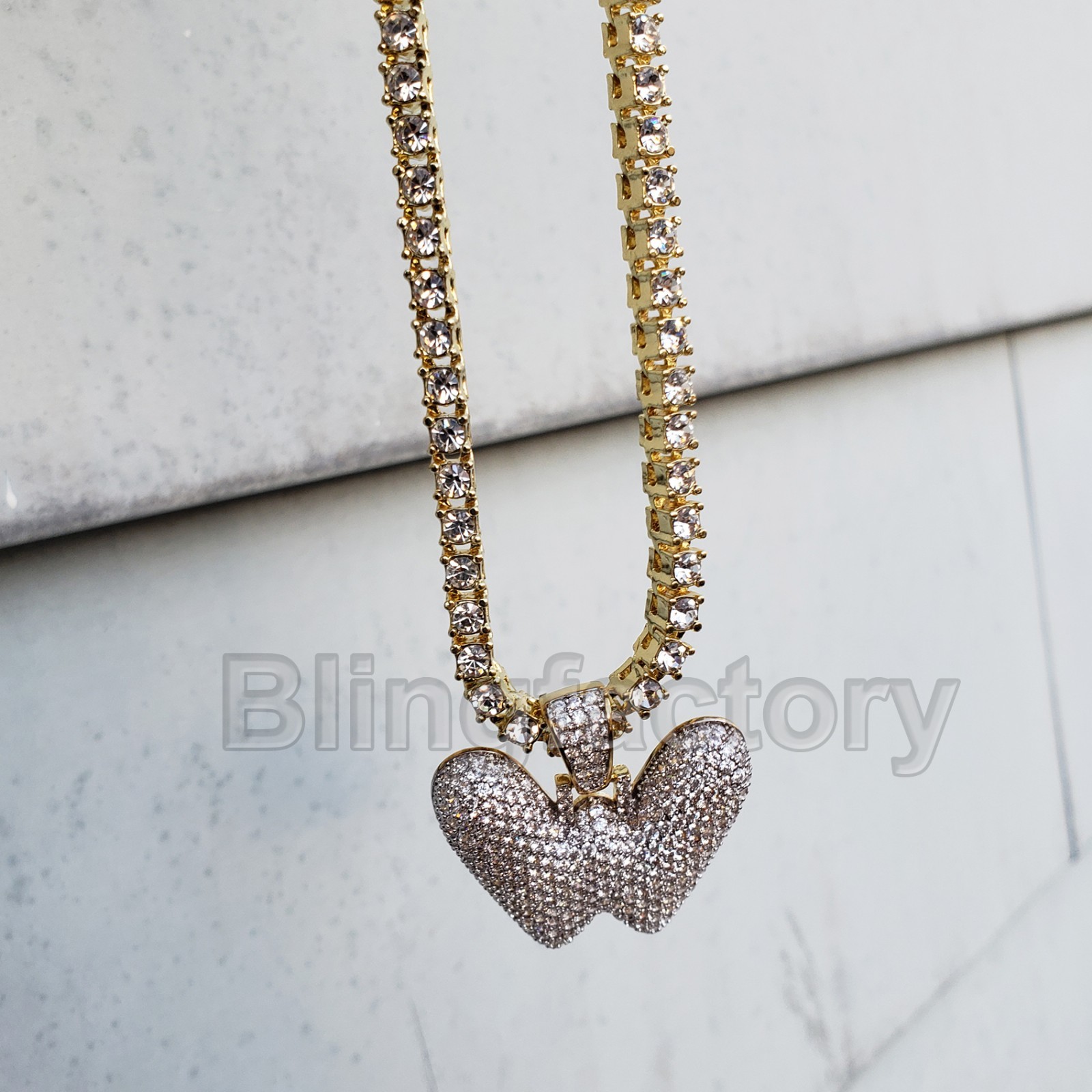 Hip Hop Iced Brass Bubble Letter W Pendant & 18″ 1 Row Tennis Choker Chain Set