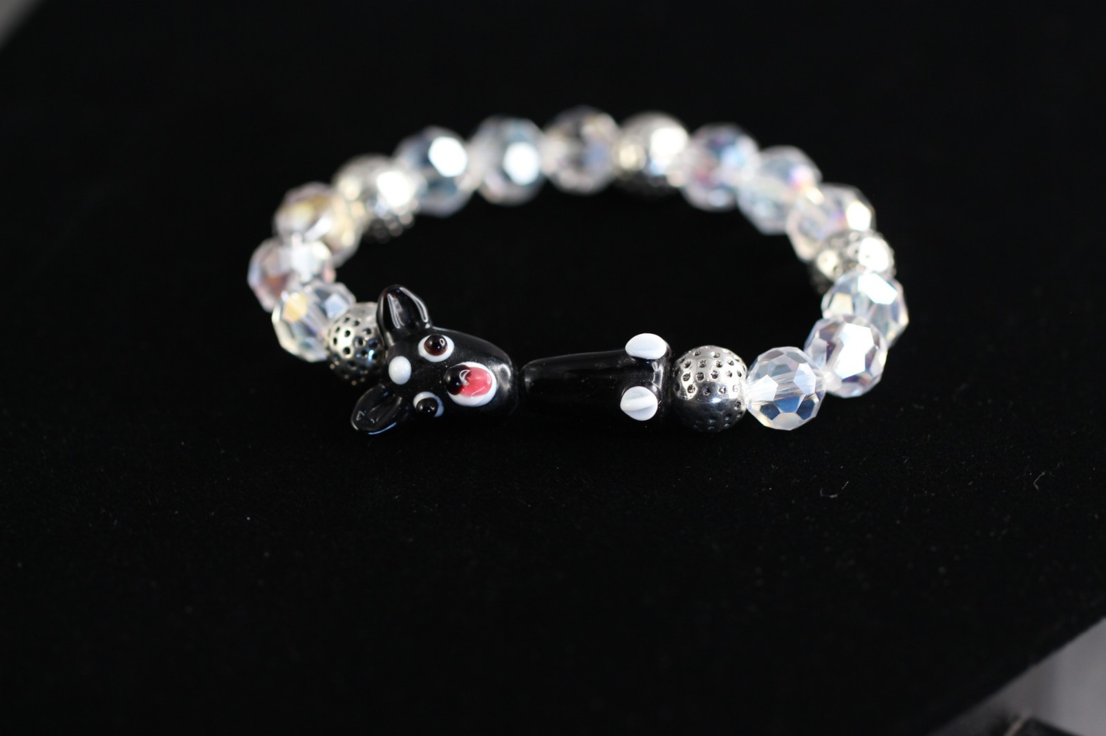 Dog Bracelet Black Lampwork 6.5″ inch Elastic Glass Beads 10mm Faceted Crystal