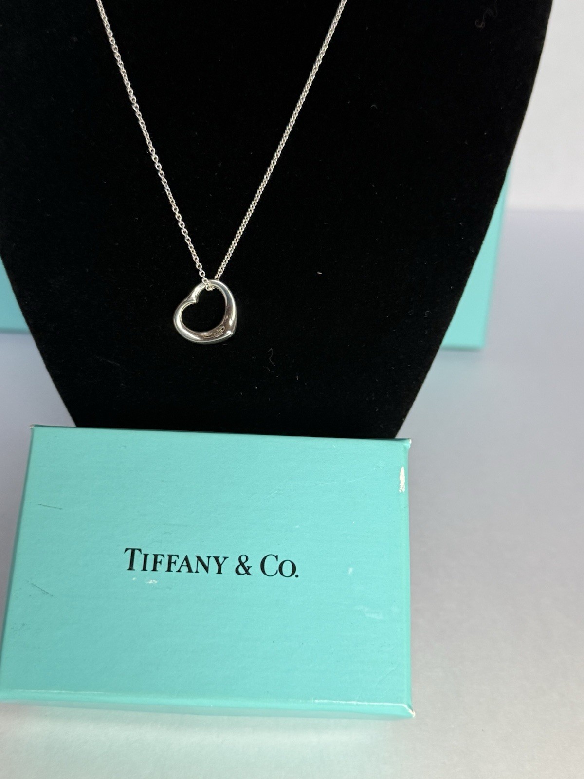 Tiffany & Co Silver Heart Charm Pendant Necklace 16 in Cable Chain Spring Ring