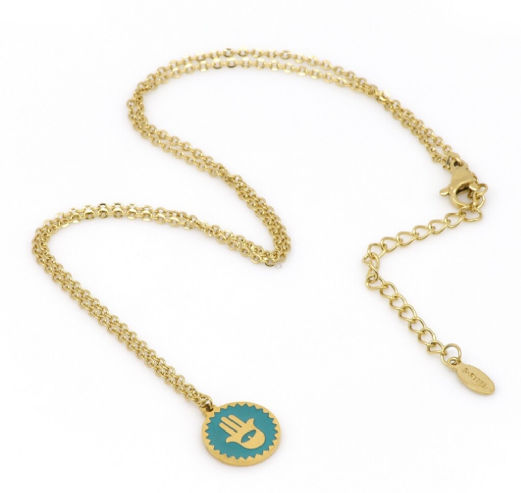 Gold Plated Titanium Stainless Steel Enamel Hamsa Hand of Fatima necklace 18-20″