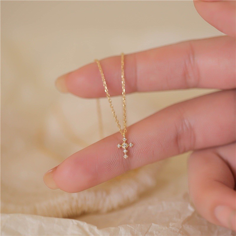 S925 sterling silver 14 K gold plated, mini cross necklace zircon dainty women’s