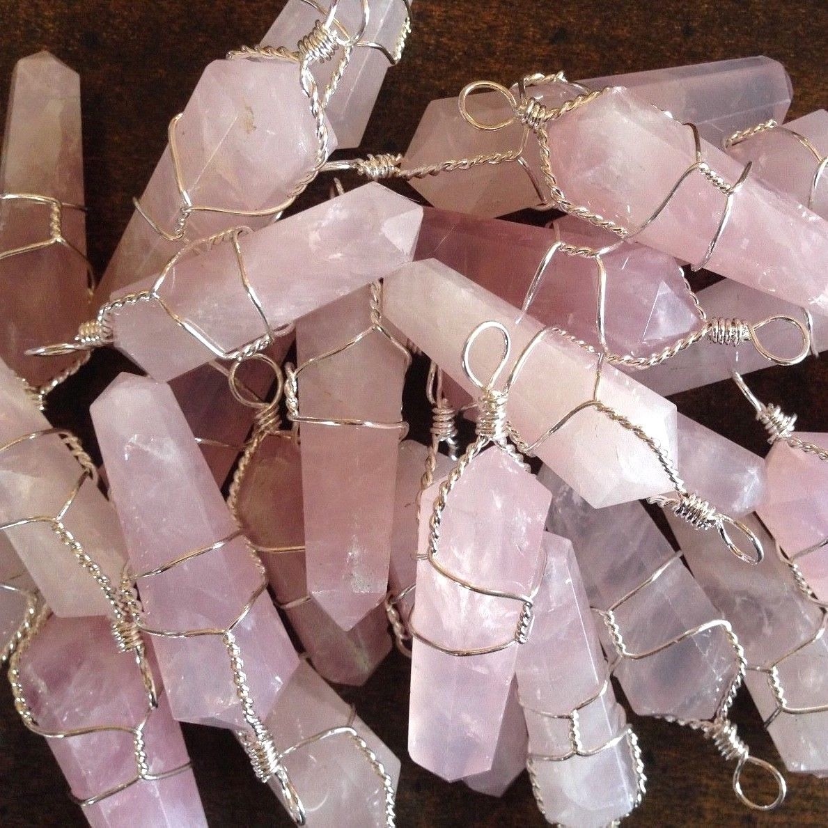 Rose Quartz Wire Wrap Pendant Handmade Chakra Crystal Necklace LOT of 3 Bulk