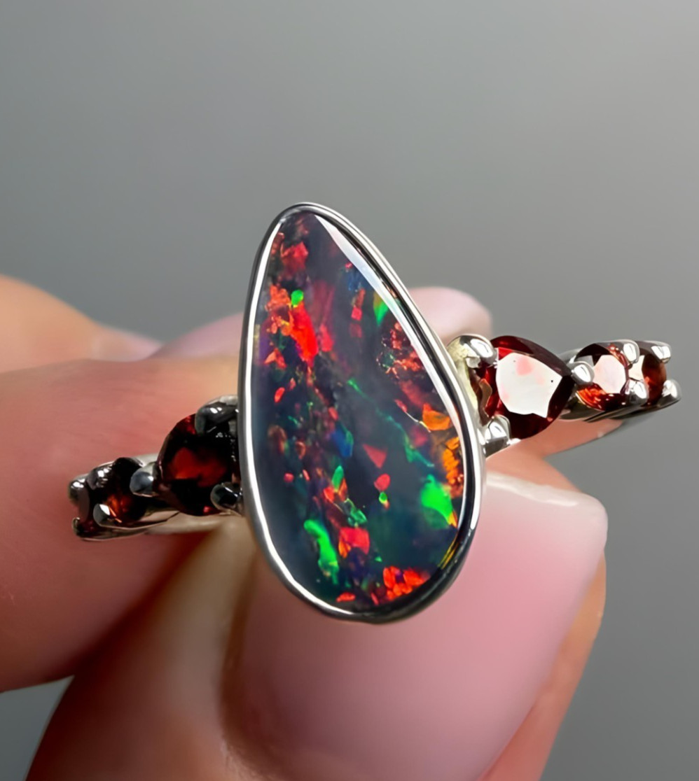 Natural Black Opal Pear Ring 925 Sterling Silver Welo Multi Fire Opal Jewelry