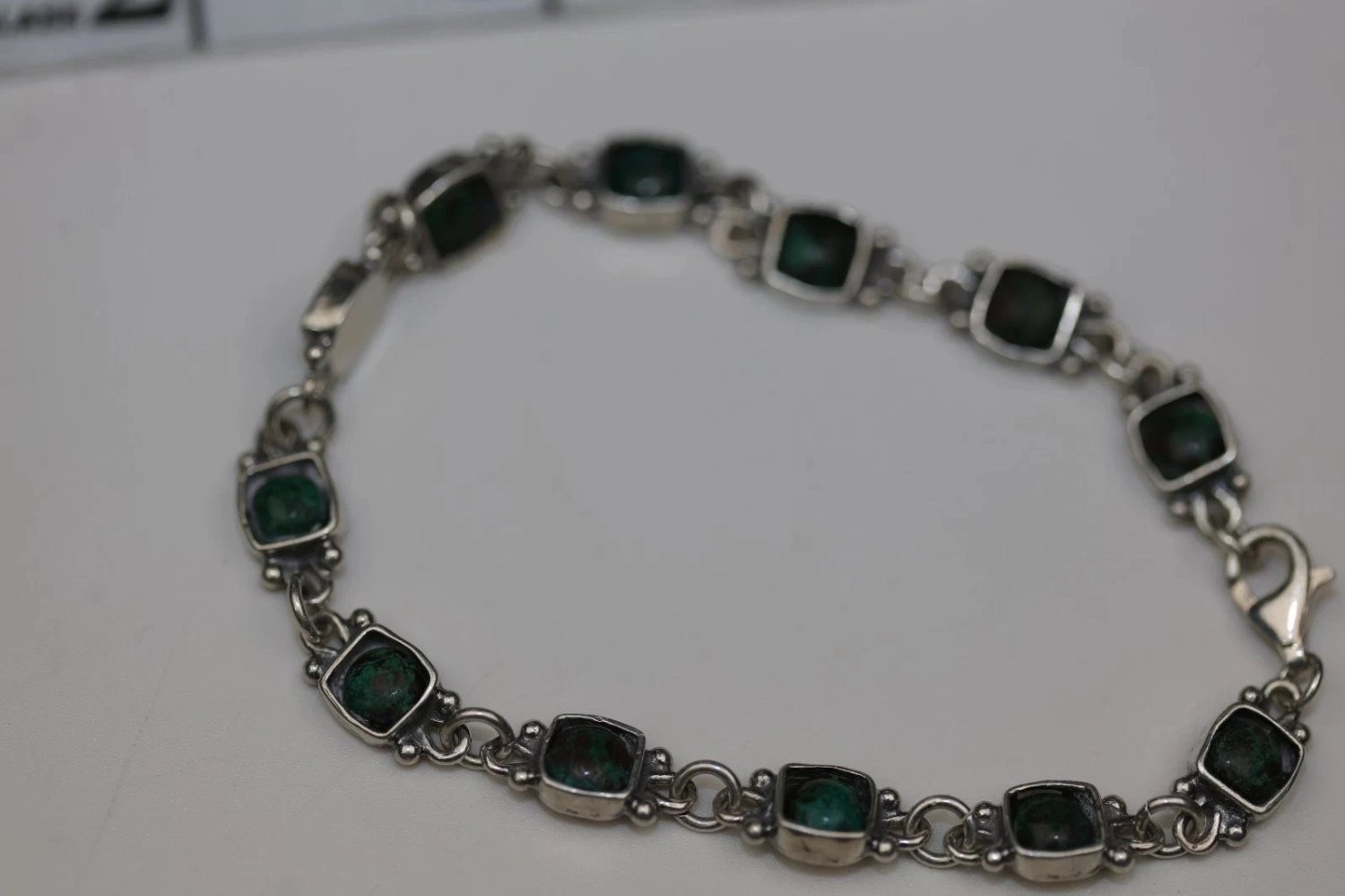Bracelet 7 Inch Green 925 Sterling Vintage Silver Link Stone