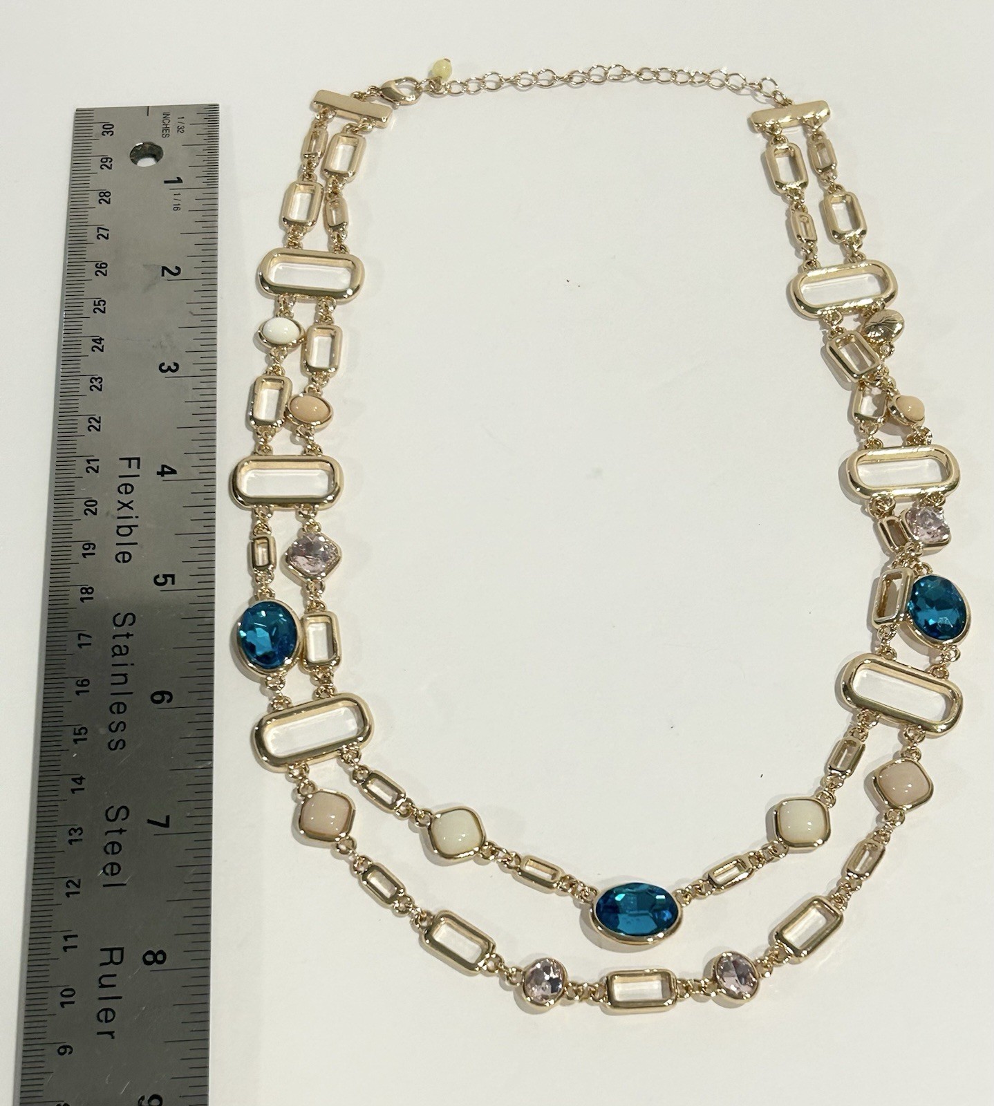 Gold Tone Double Chain Necklace With Man made London Blue Topaz
