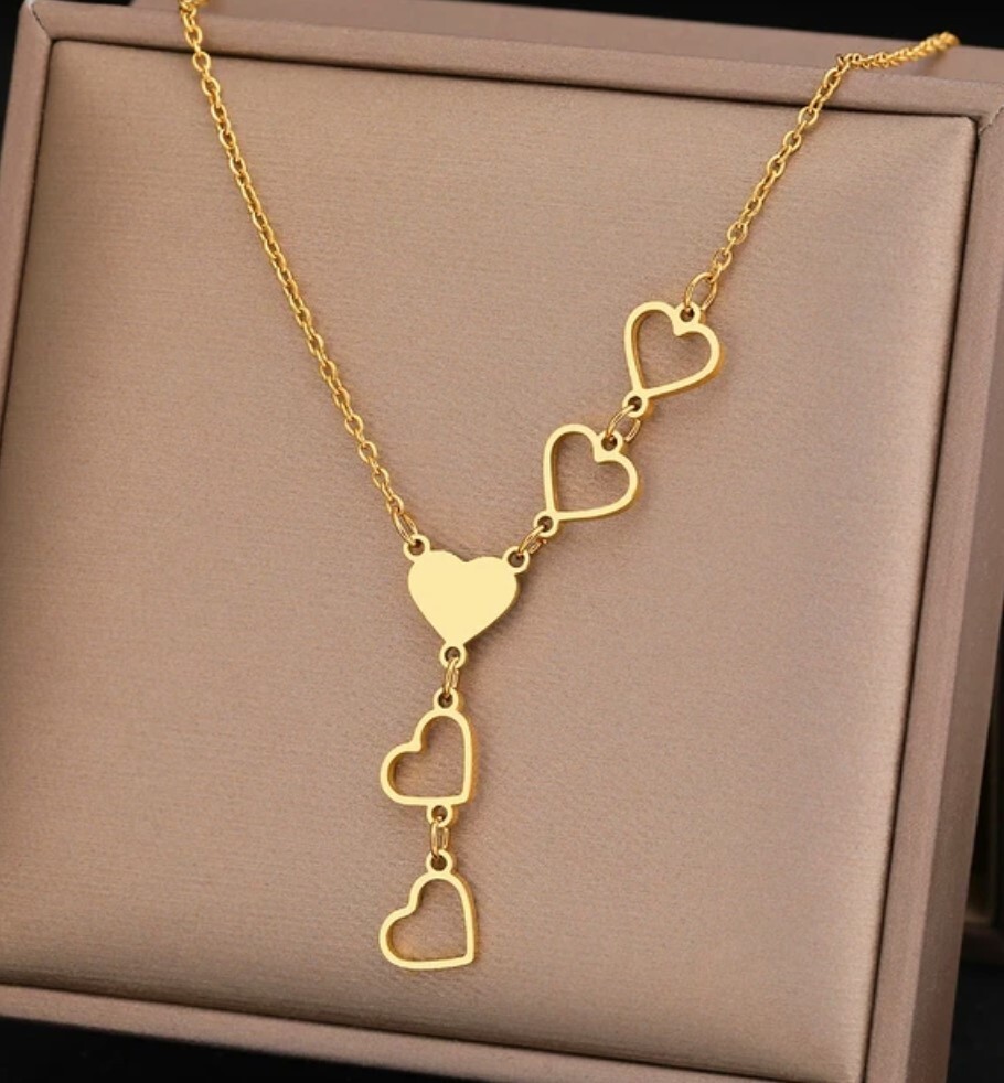 Gold Stainless Steel Necklace with 5 Hearts plus 16inch chain plus 2 in extend