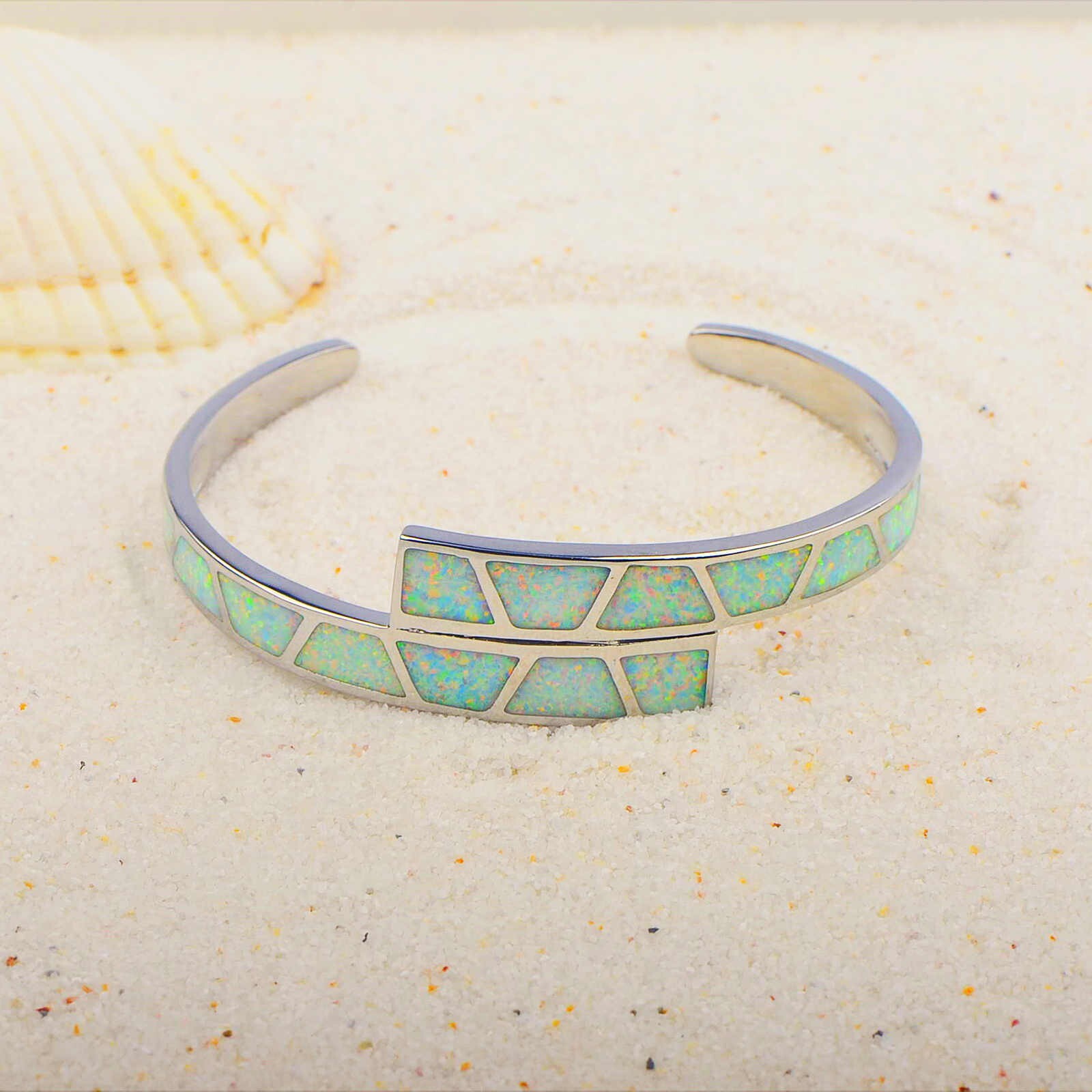 White Opal Double Striped Pattern Bangles 925 Sterling Sliver Jewelry For Women
