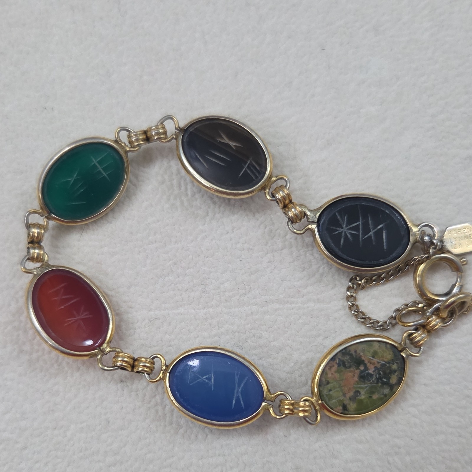 Karen Lynne Signed Multicolor Oval Cabochon Link Bracelet Bezel Spring Ring