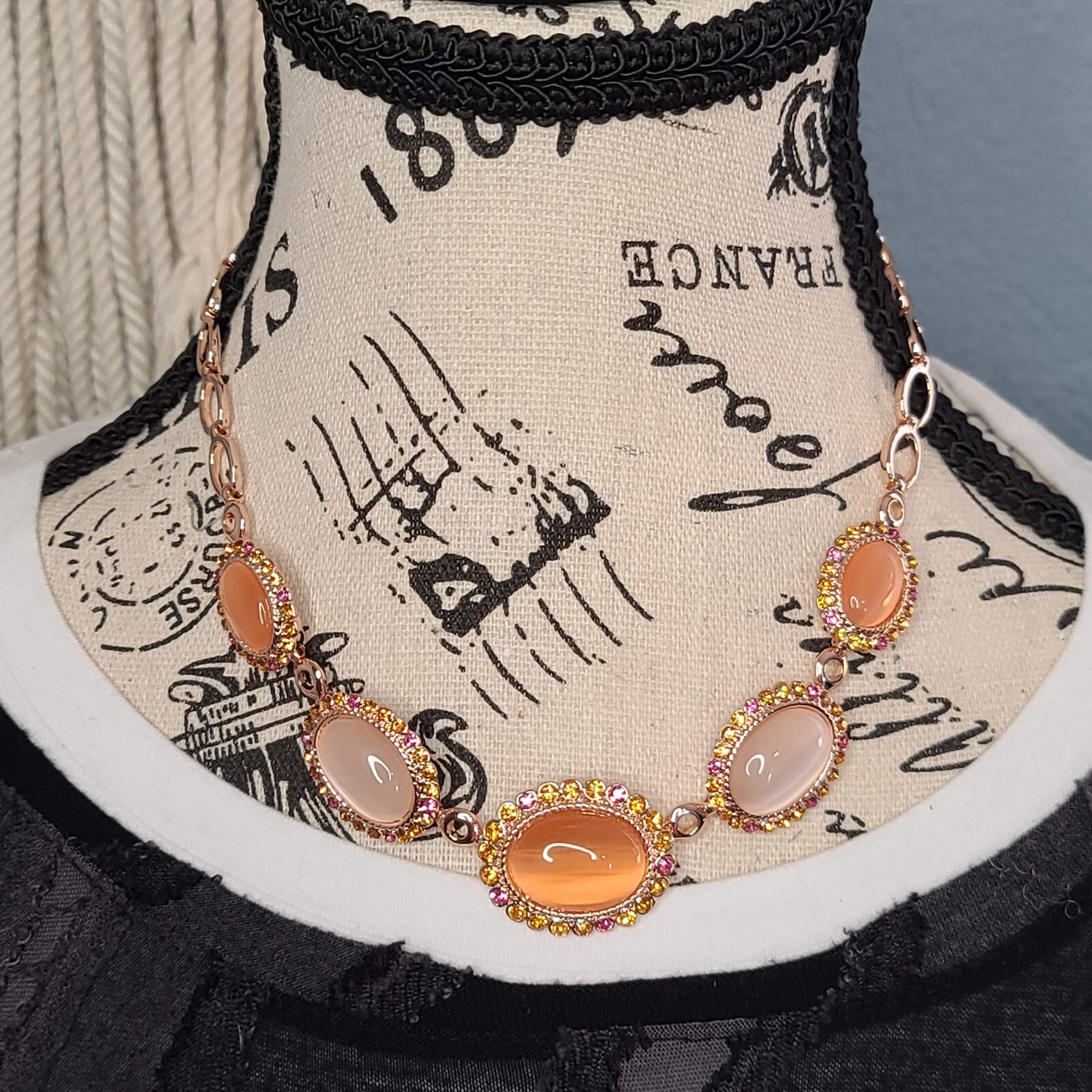 7 Charming Sisters Pink, Orange & White Moonstone, Crystal & Rose Gold Necklace
