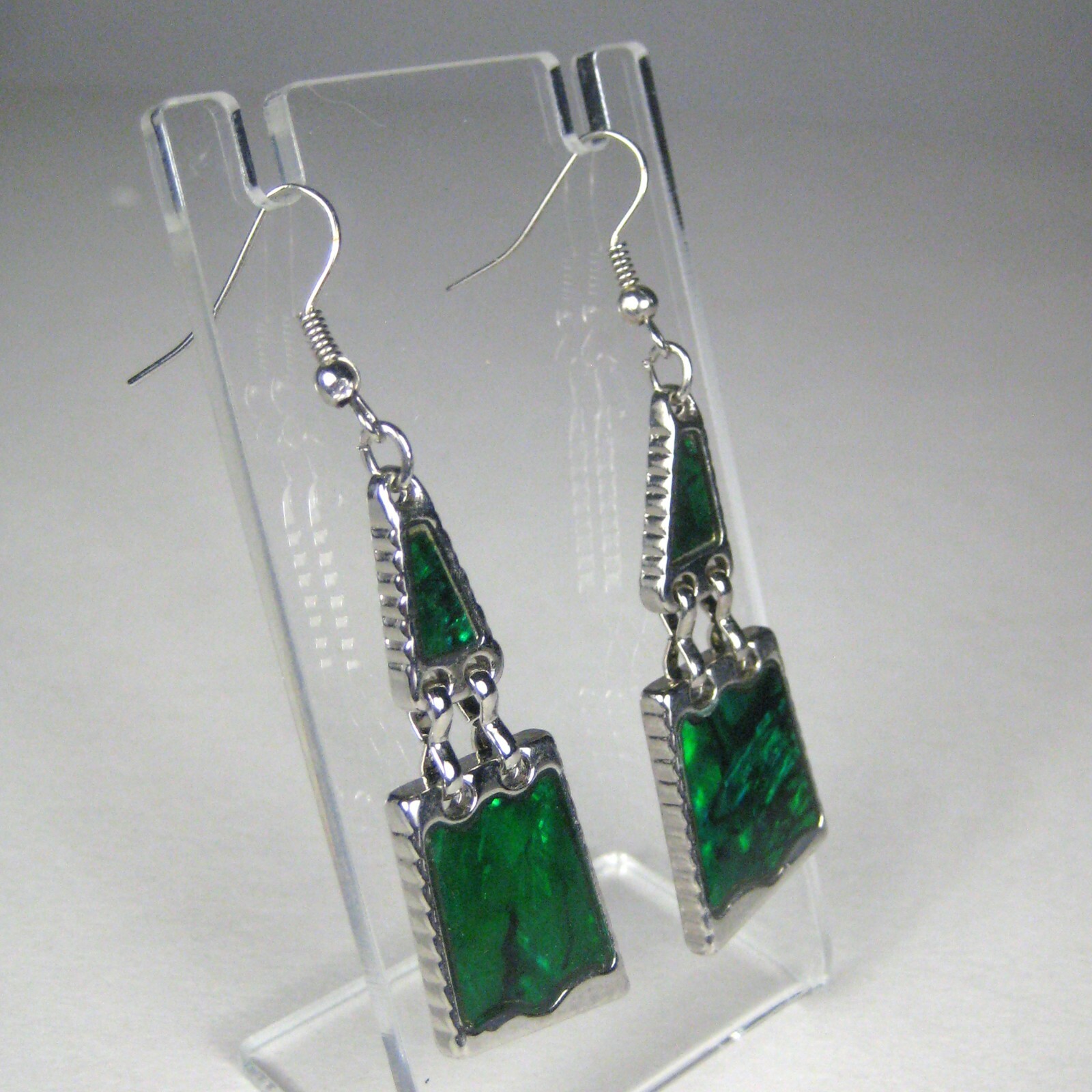 Earrings Dangle Silvertone 2.4 in Women Jewelry Statement Hook Modern Green
