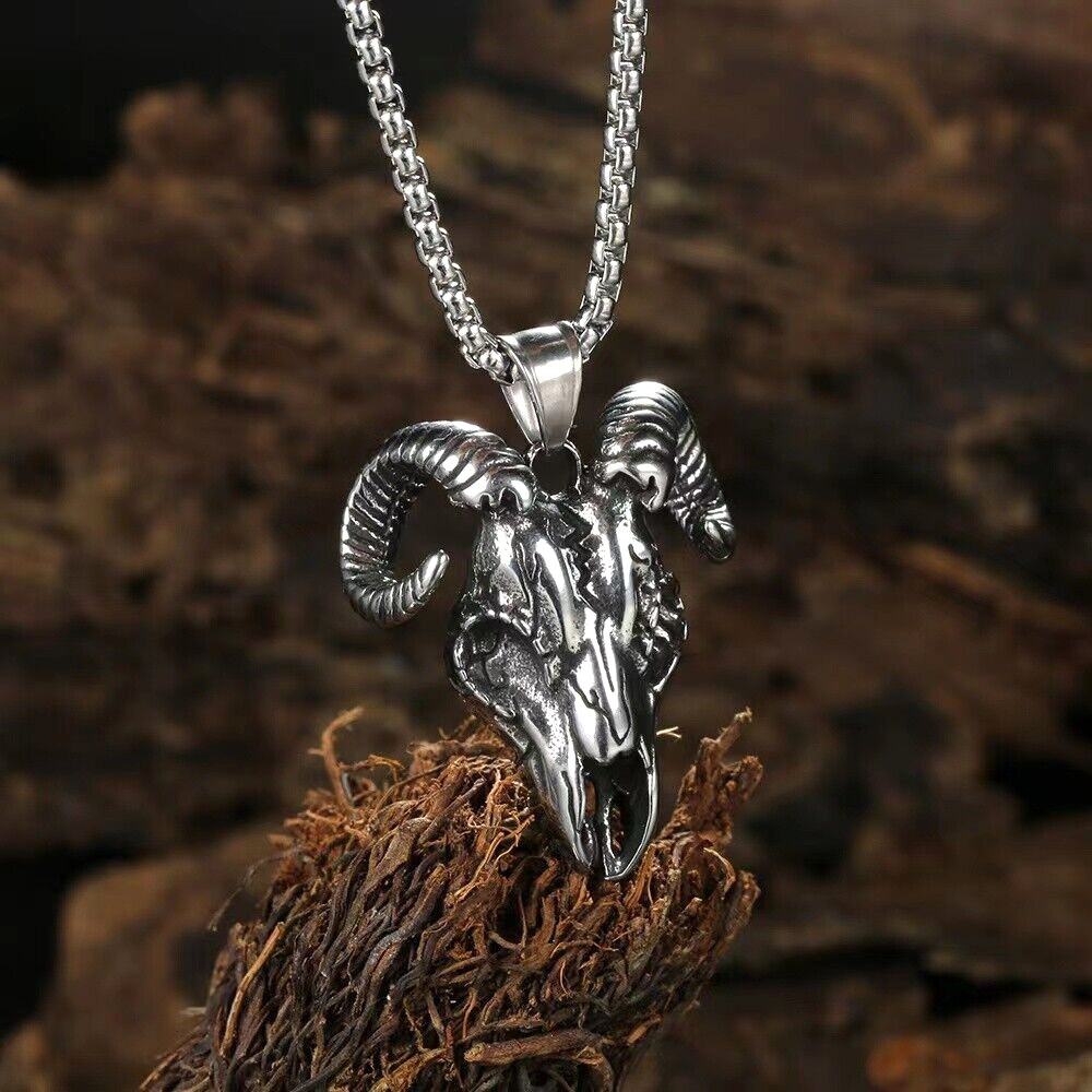 Mens Baphomet Satanic Ram Skull Pendant Necklace Chain Punk Gothic Retro Jewelry