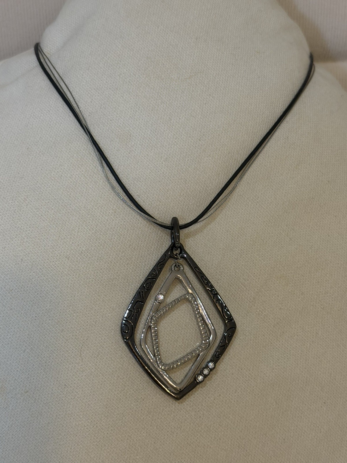 Chico’s Two-Tone Geometric Diamond Pendant Multi-Strand Cord Necklace Rhinestone