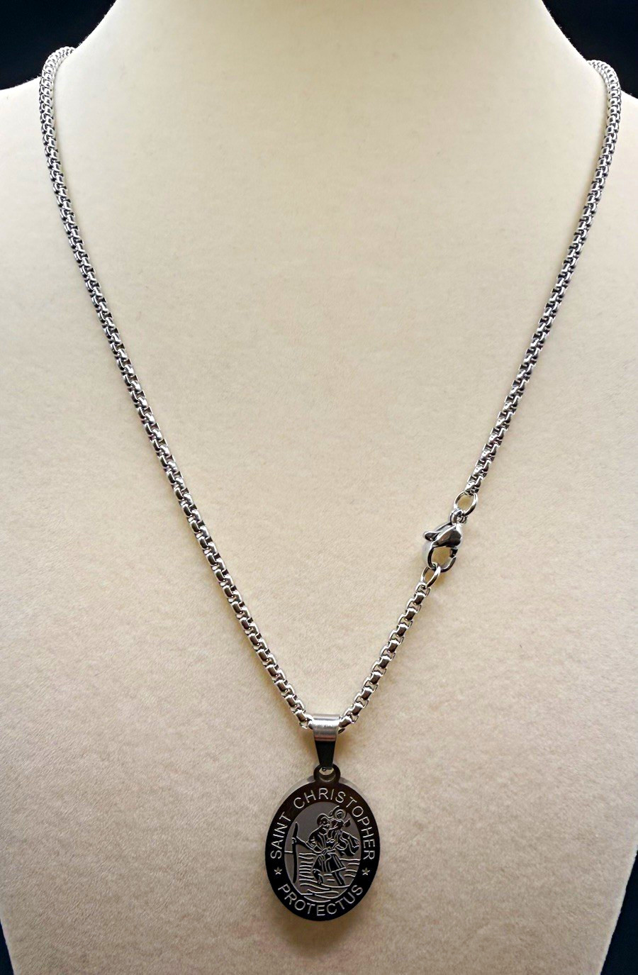 Silver Tone Saint Christopher Oval Medal Pendant Necklace, Stainless Steel