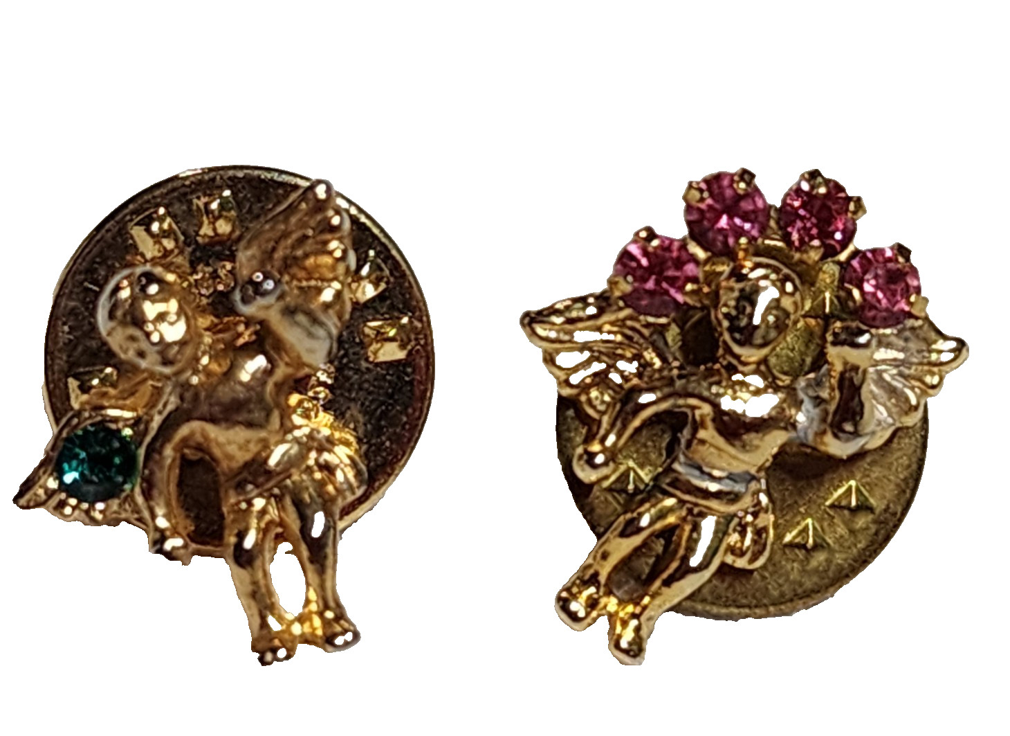 Lot Of 2 Vintage Guardian Angel Cherub Pins Pink & Green Rhinestones Gold Tone