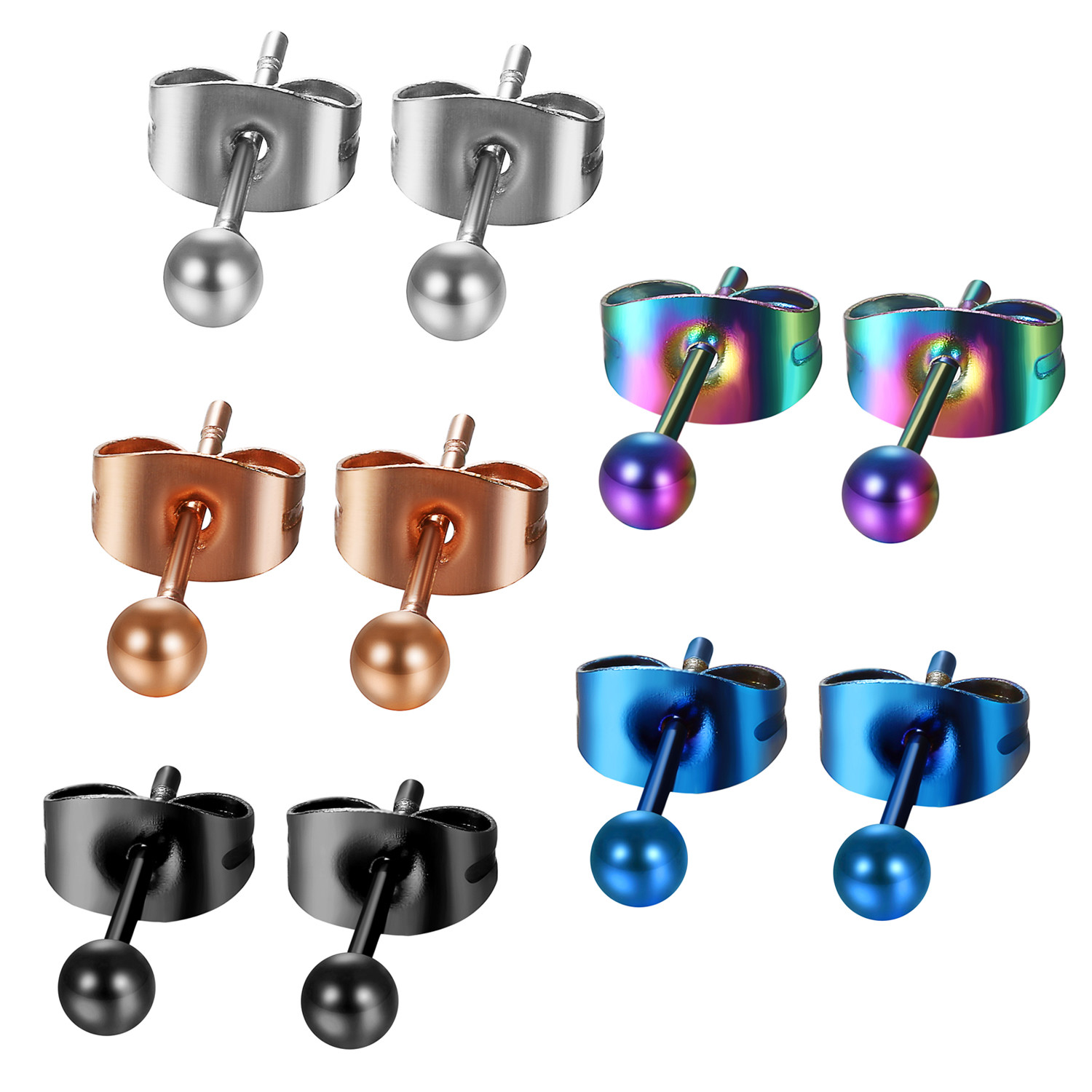10pcs Men’s Womens Polished Stainless Steel Round Ball Ear Stud Earrings 3mm-8mm