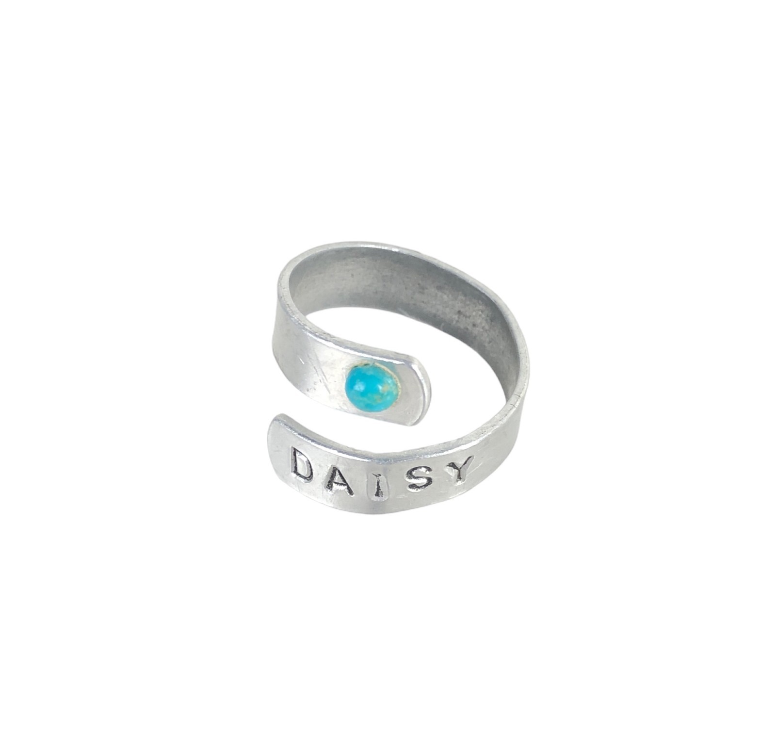 Hand Stamped Aluminum Adjustable Wrap Name Ring “Daisy” w/ Faux Turquoise