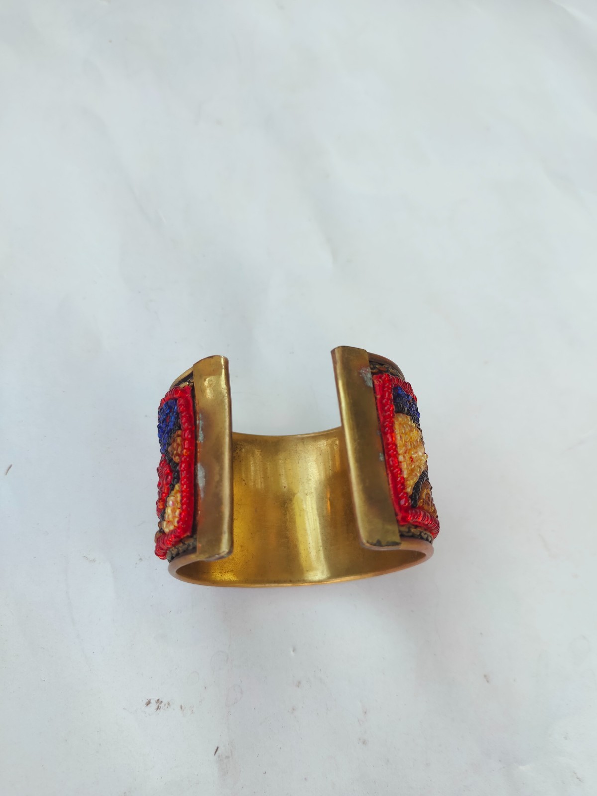 Handmade Brass Cuff Bracelet Colorful Seed Beaded Wide Open Bangle Boho Ethnic