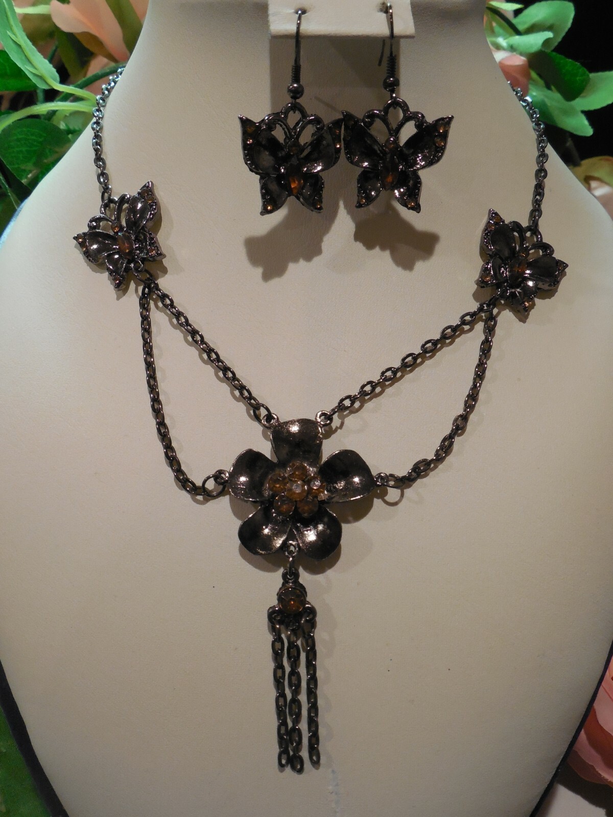 Ion Plated Black Stainless Steel Amber Rhinestone Butterfly Necklace Set