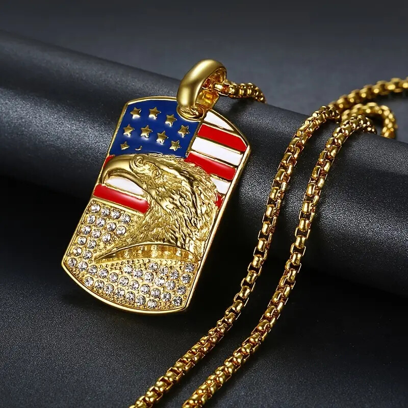 American Eagle Dog Tag Stainless Steel Pendant & 3mm 24″ Rolo Chain Necklace