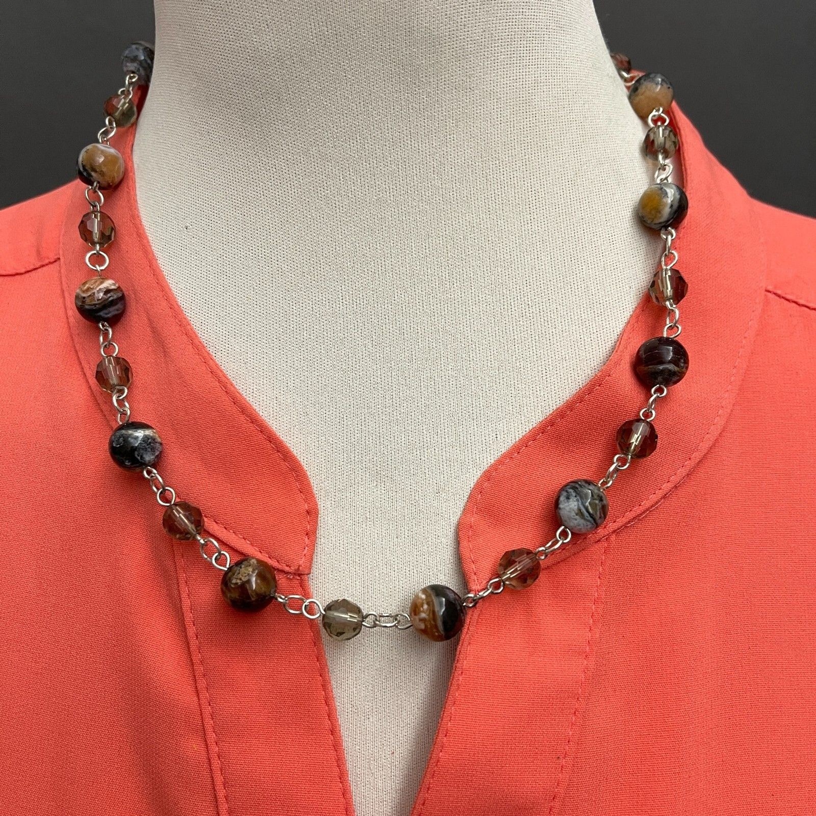 Brown Blue Smoke Stone Beads Beaded Silver-tone Women’s Fashion Necklace NWOT