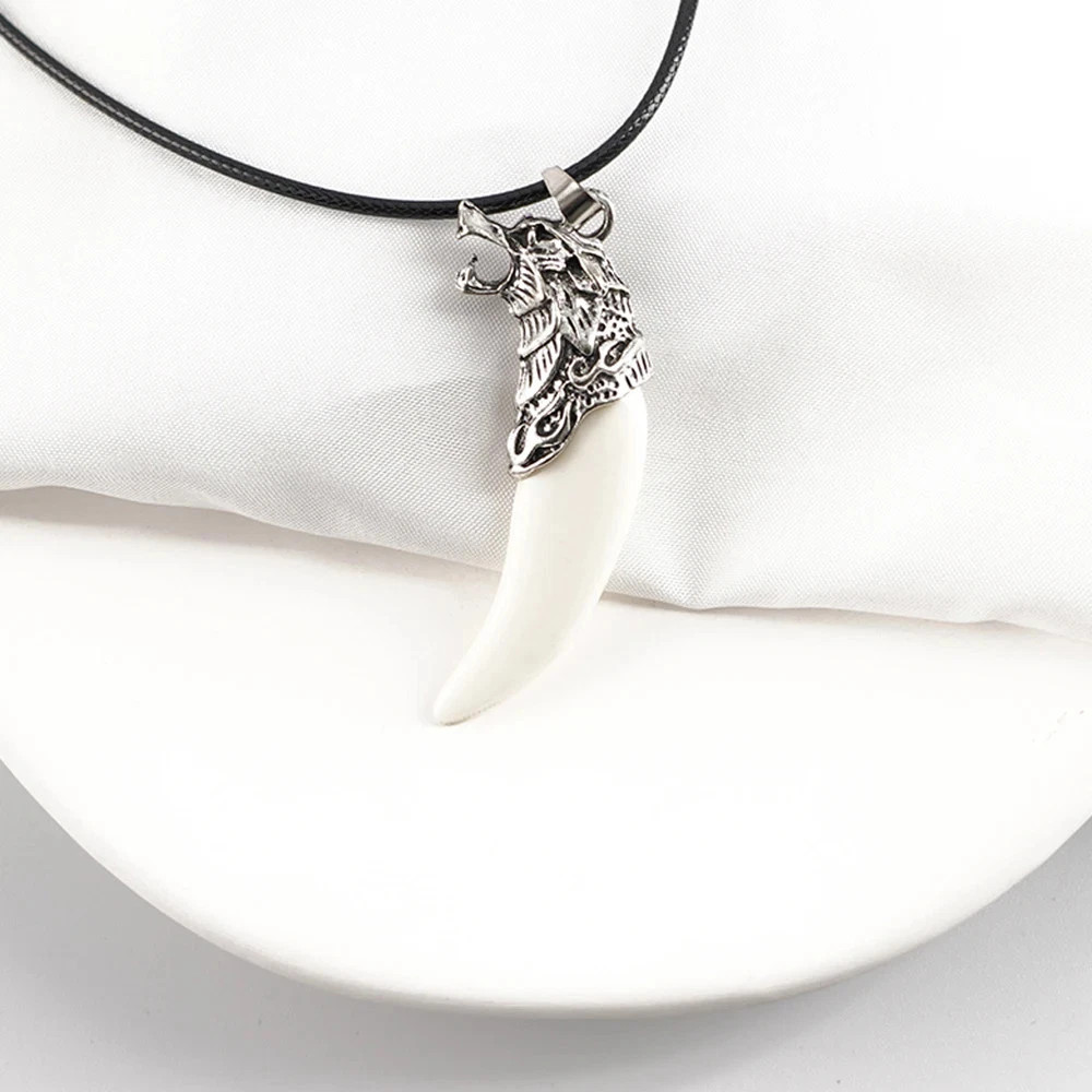 White Wolf Tooth Pendant Necklace Rope Chain Animal Amulet Jewelry