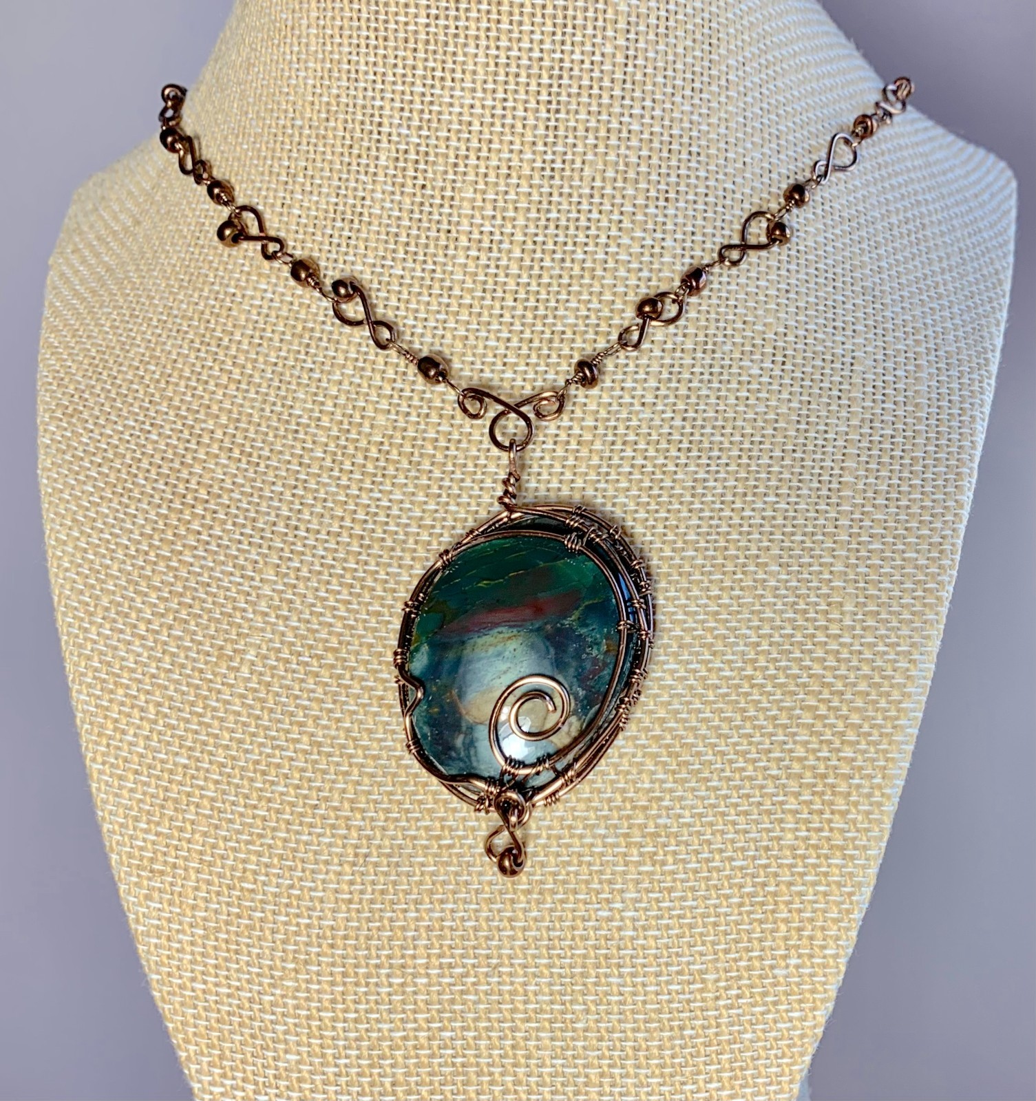 Hand Crafted Antique Bronze 18″ Chain w/Wire Wrapped Bloodstone Cabochon Pendant