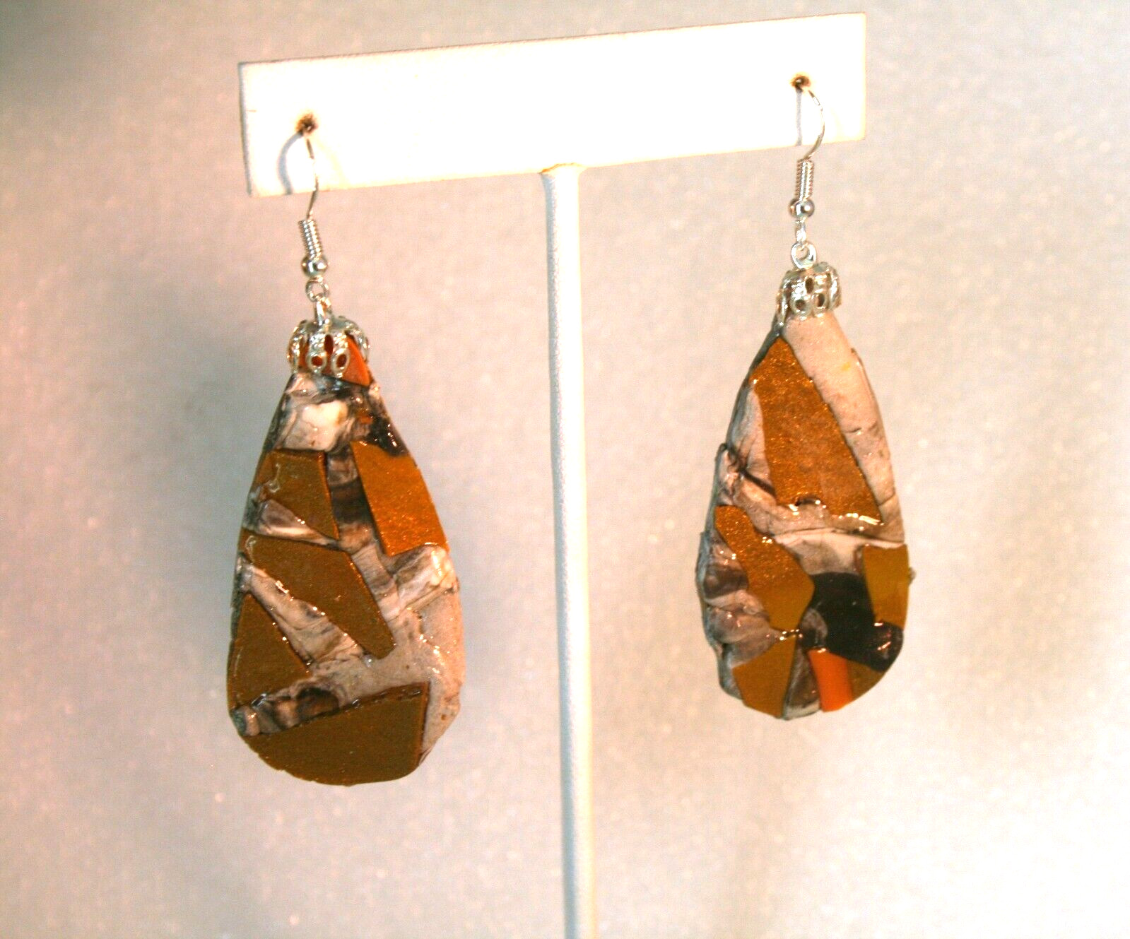 Sterling silver hook faux Bisbee Jasper polymer clay dangle earrings 2 3/4″