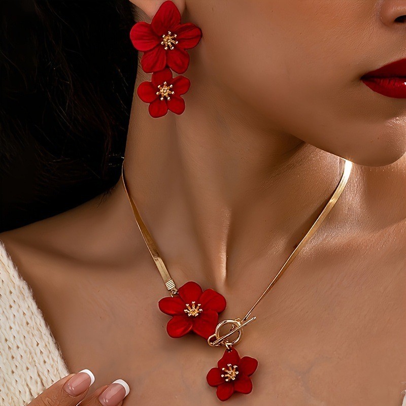 Women’s Fashion Elegant Red Flower Pendant Necklace Earring Set Alloy Jewelry