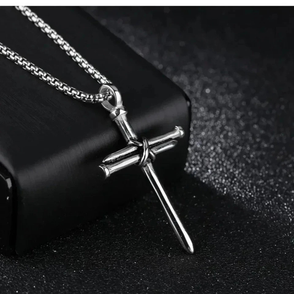 24″ Mens Stainless Steel Jesus Christ Nail Cross Crucifix Pendant Necklace Chain