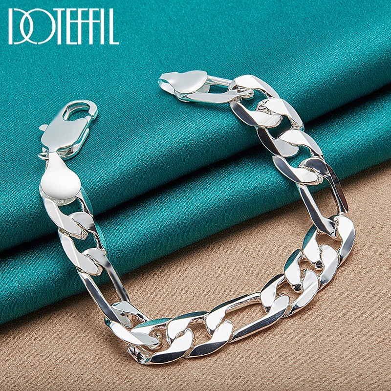 12MM Sterling Silver Bracelet Men 925 Side Chain Fashion Party Jewelry 8 inch