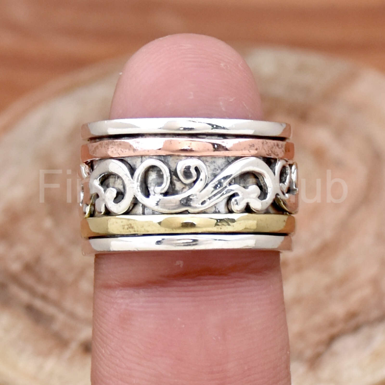 Solid Band 925 Sterling Silver Ring Three Tone Spinner Ring Thumb Band Jewelry