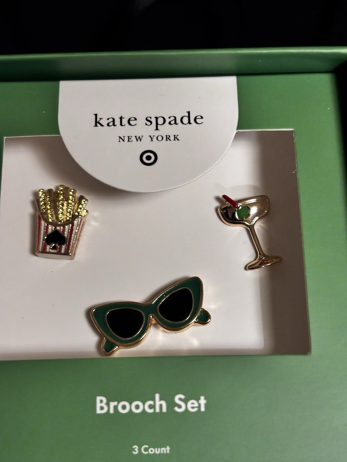 KATE SPADE X TARGET BROOCH SET/ three pins. French Fries Champagne & sunglasse
