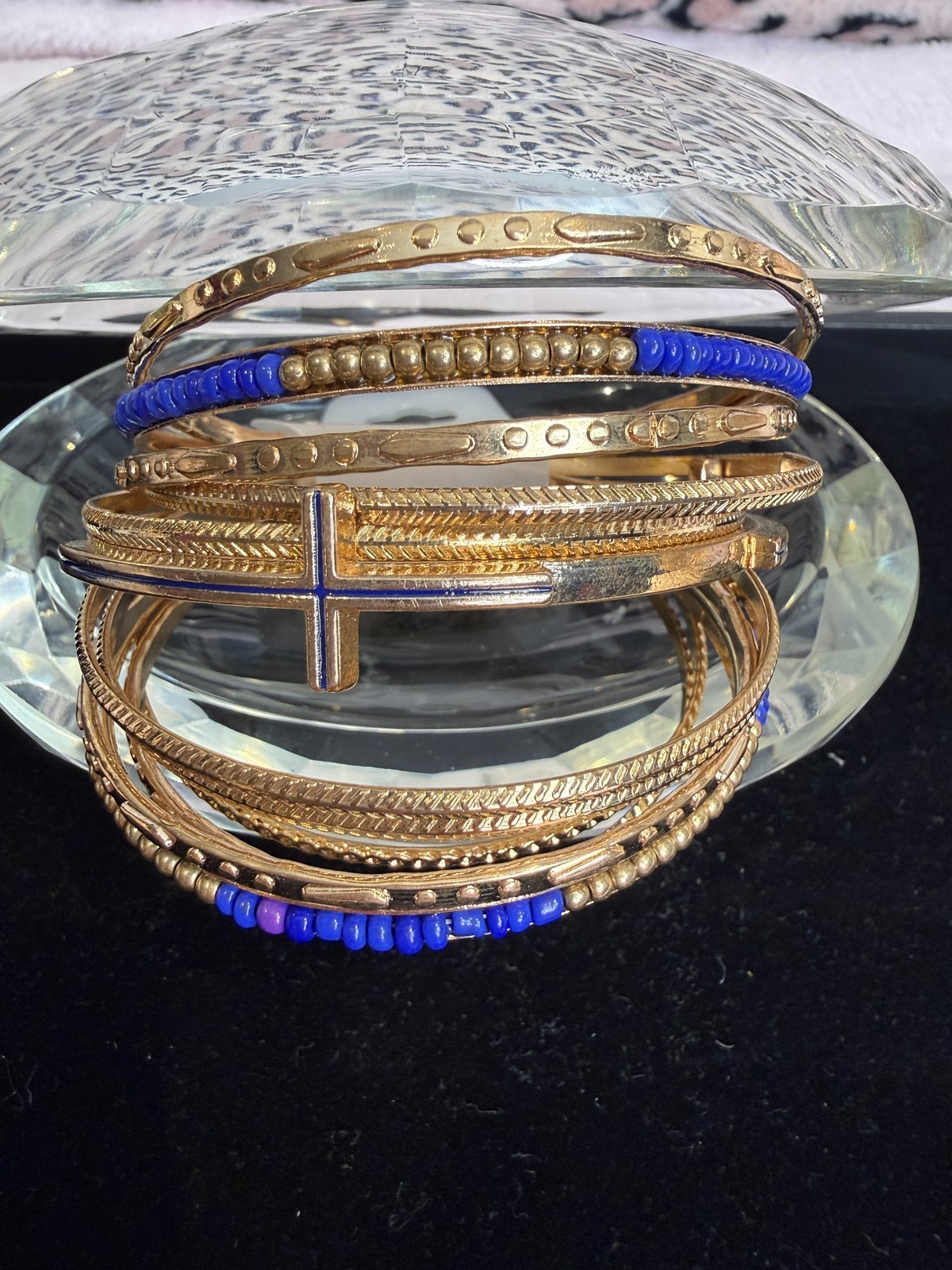 Gold Tone Bangle Bracelet Set Boho Stacked Bangles Blue Beads Cross Charm
