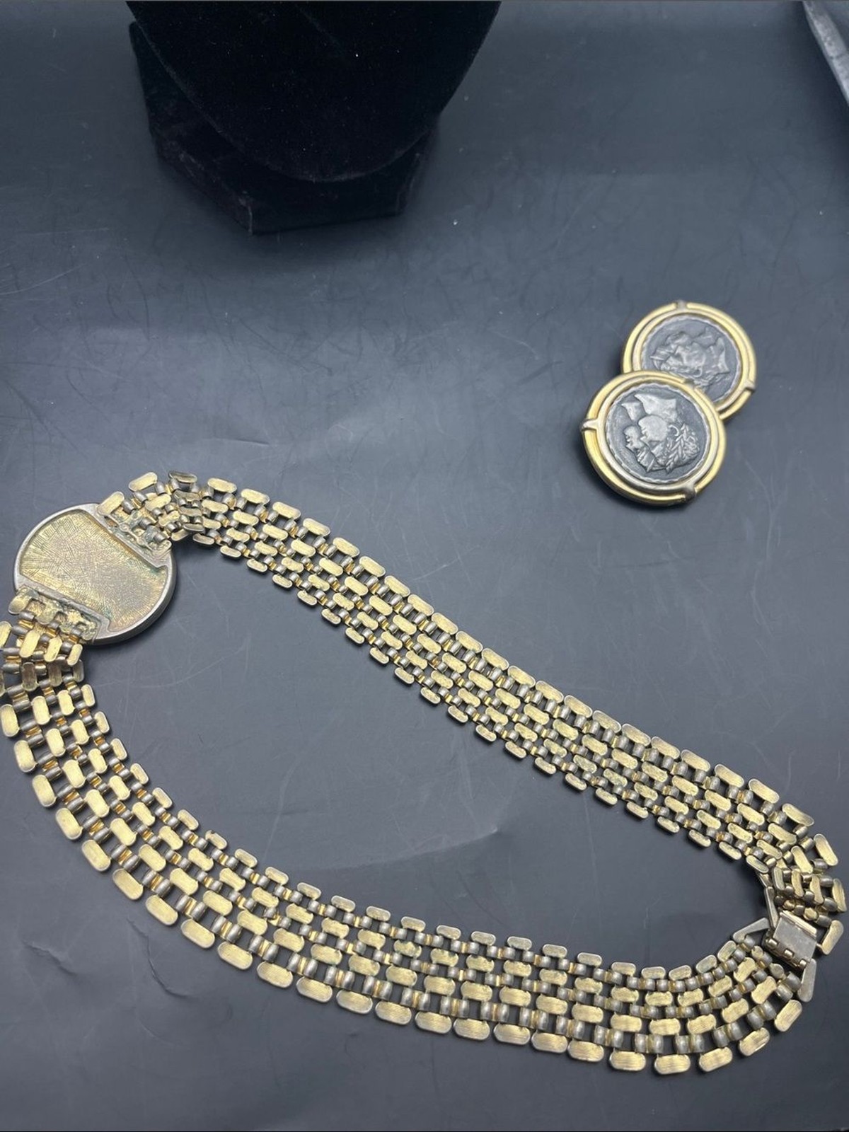 80s VINTAGE Gold Tone Chain Roman Coin IMPIARSAR N HADRIANVS Necklace earrings!!