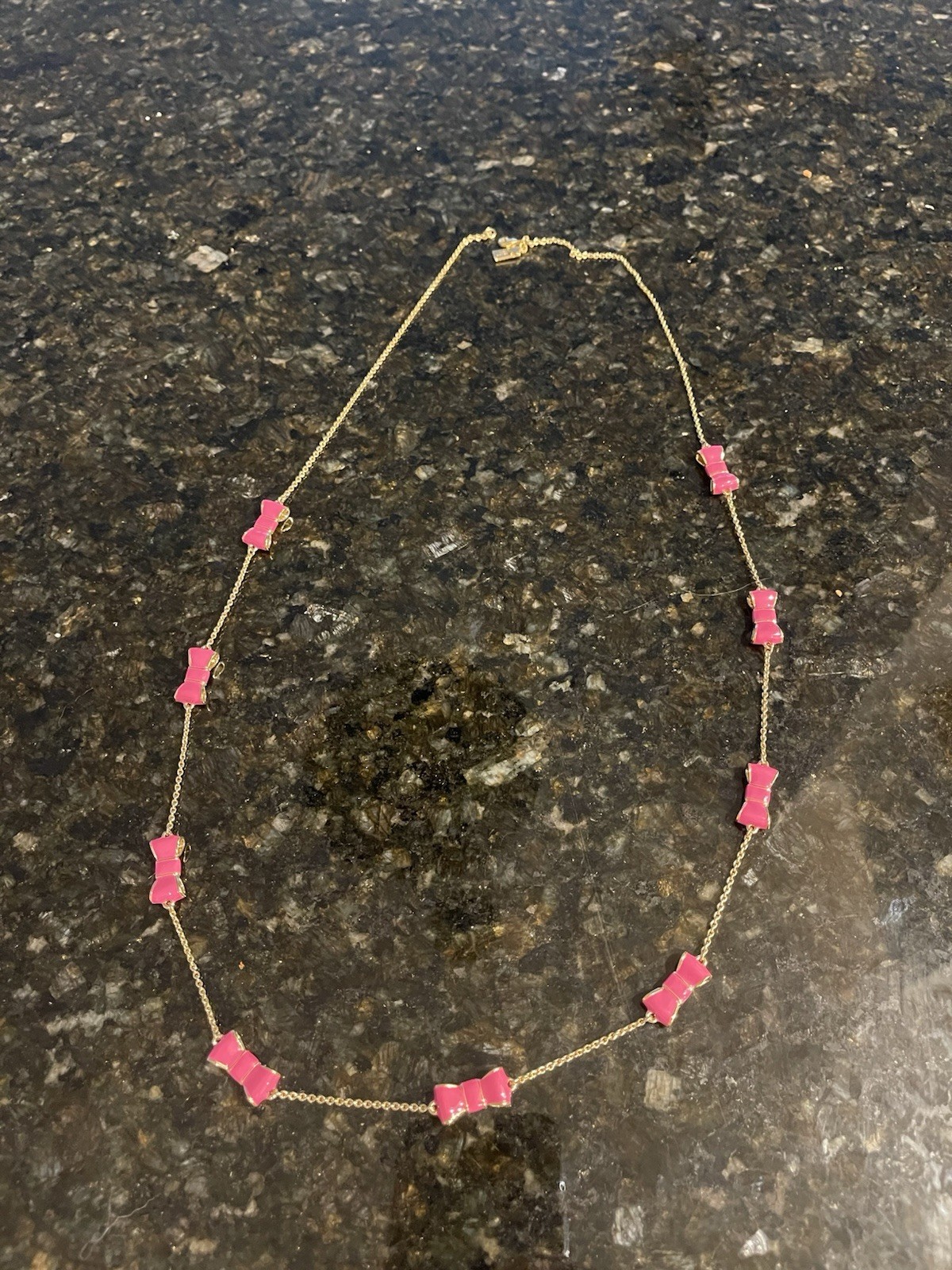 Kate Spade Gold Tone Cable Chain Necklace 30in Pink Enamel Bow Stations