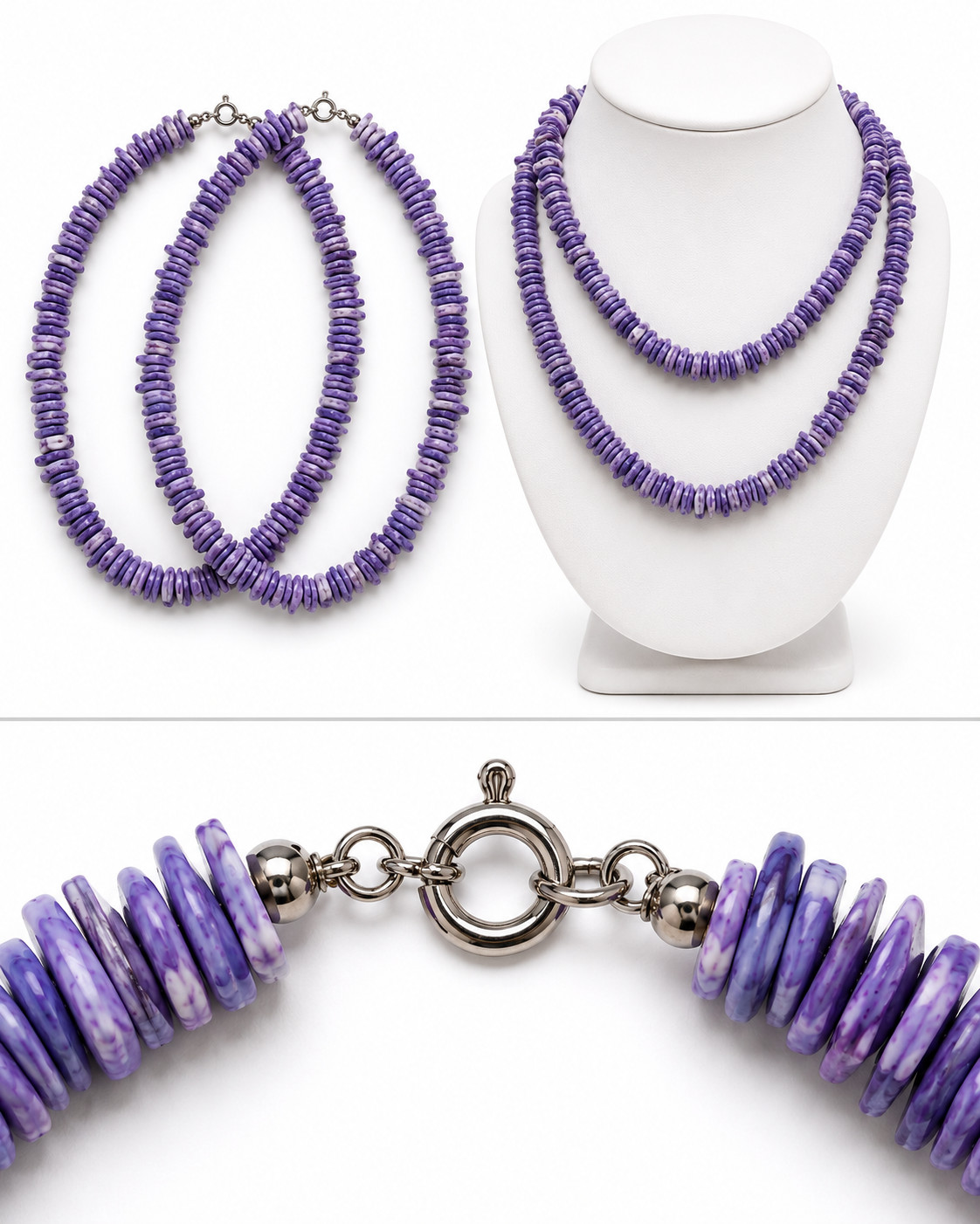 Purple Puka Shell Style Necklace Set (2) 17″ Choker Beaded Disc Chip Y2K Surfer