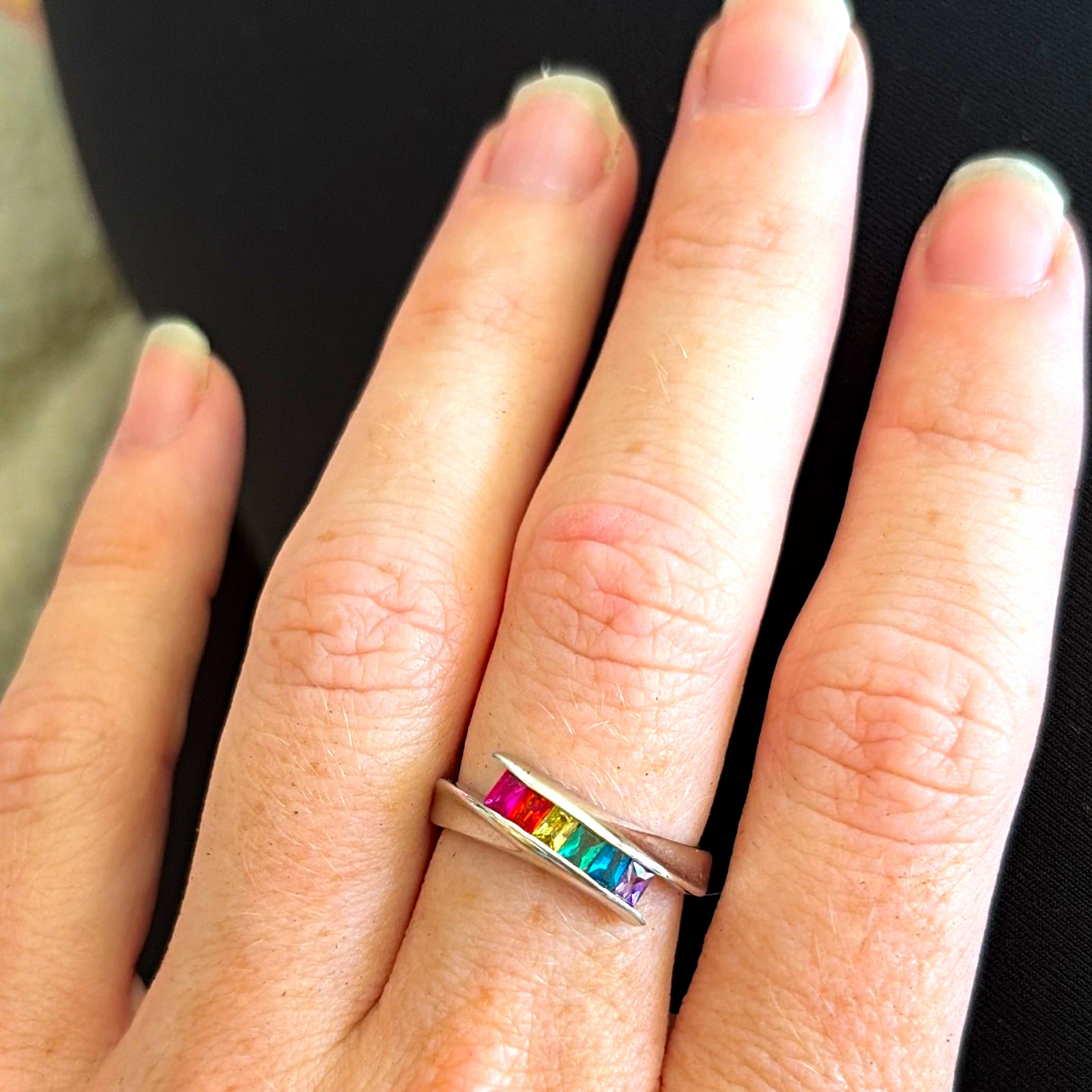 925 Sterling Silver Band Ring Size 7 Channel-Set Rainbow Multicolor Crystal