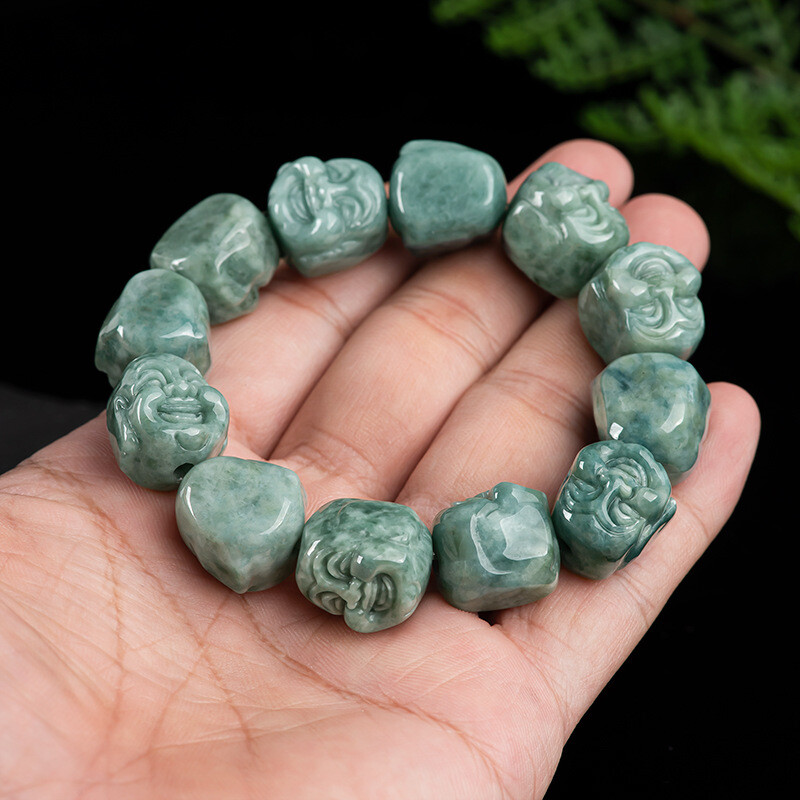 Natural Grade A Jadeite Deep Bean Green 12PCS Maitreya Buddha Head Bead Bracelet